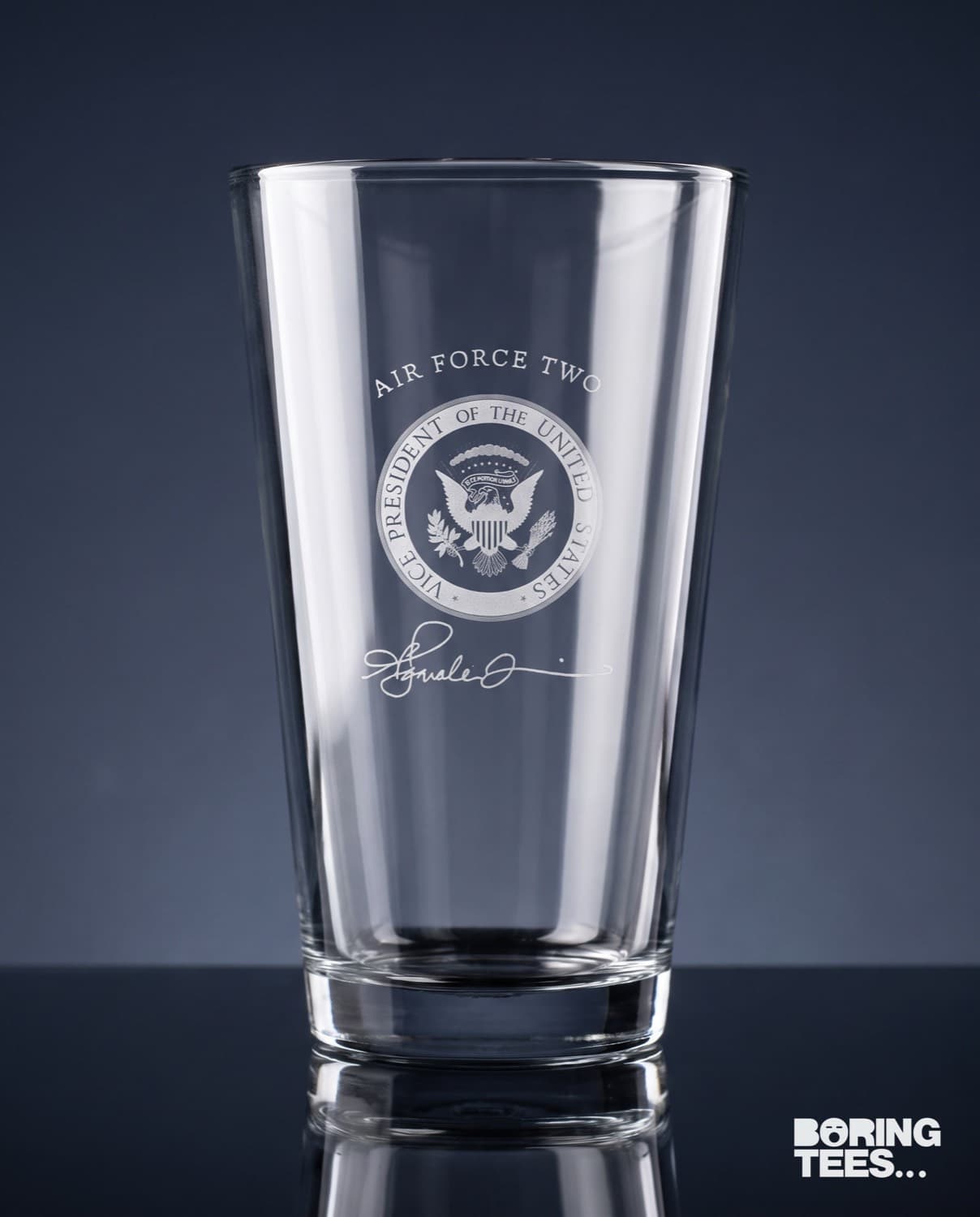 Pint glass laser etched with the Vice Presidential seal and Air Force Two lettering